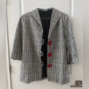 Vintage painted pony, black and white striped blazer with large red buttons